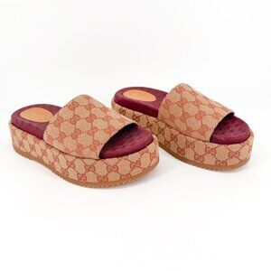 Gucci Angelina Beige GG Logo Canvas Platform Slide Sandals Size 38 US 8 Women's